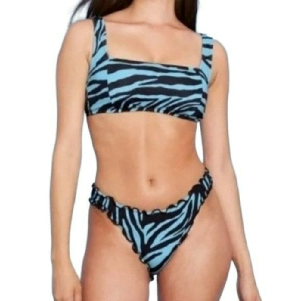 Shade And Shore Blue Black Zebra Print Swim Bikini Set Two Piece Size M